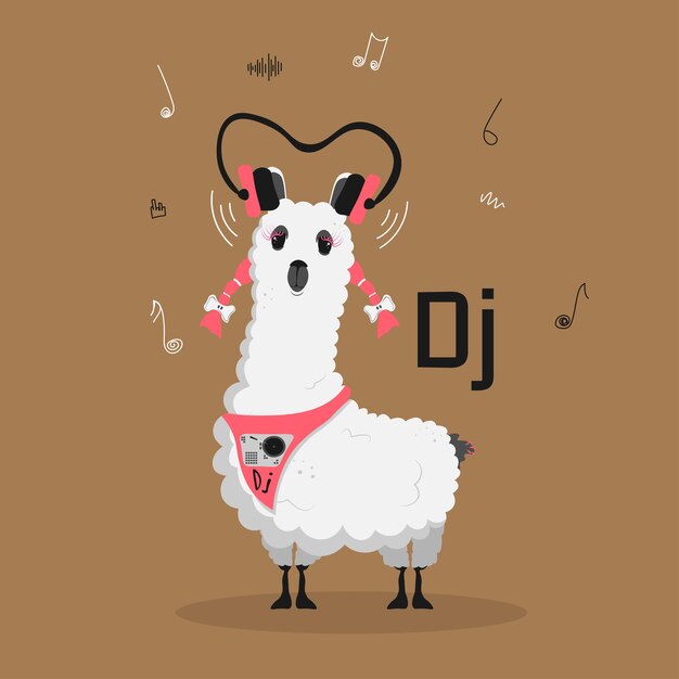 Lindo divertido lama dibujos animados alpaca mascota música dj con auriculares llama animal dibujado a mano vector