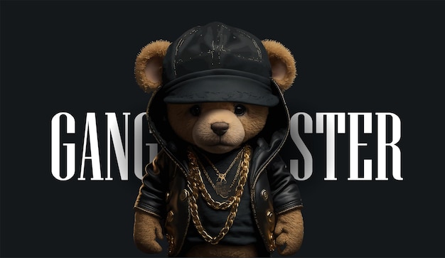 Lindo y divertido oso de peluche con una gorra y una cadena sobre un fondo negro. Eslogan de Gangster Kars con un