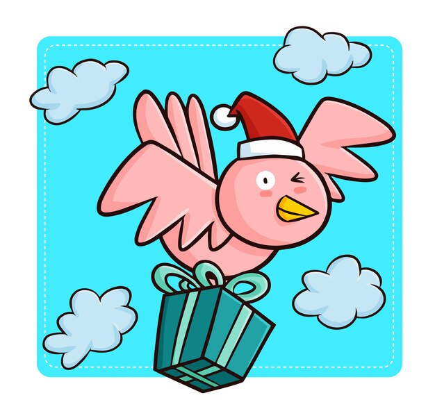 Lindo y divertido pájaro rosa kawaii con gorro de Papá Noel, trayendo regalo de Navidad