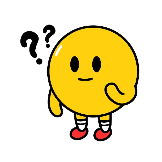 Lindo divertido pensar cara de sonrisa emoji con signo de interrogación. Icono de ilustración de personaje de kawaii de dibujos animados de doodle de línea plana de vector. Aislado sobre fondo blanco. Círculo de emoji amarillo piensa en el concepto de personaje