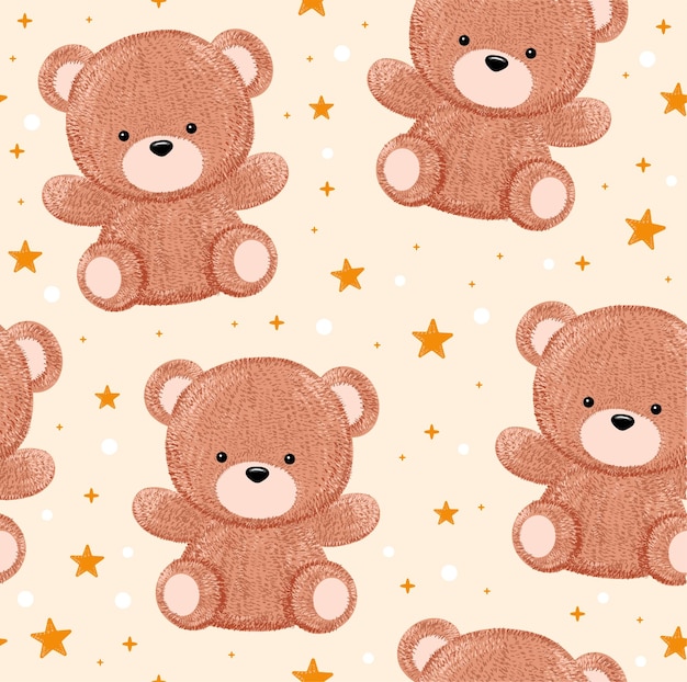 Lindo divertido pequeño bebé oso juguete de patrones sin fisuras vector de dibujos animados kawaii dibujado a mano lápiz estilo ilustración de personaje divertido feliz bearkidsbabychildish carácter concepto de patrones sin fisuras