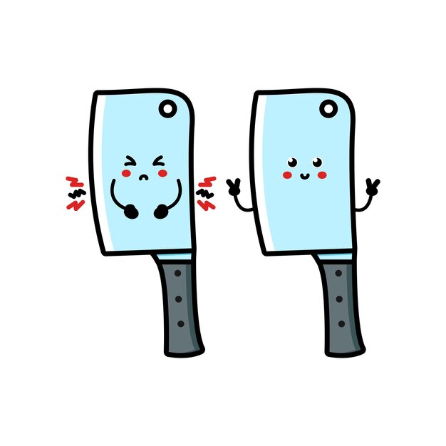 Lindo y divertido personaje de cuchillo de chef de cocina con pregunta e idea. Icono de ilustración de personaje de dibujos animados de línea plana vectorial. Aislado sobre fondo blanco. Personaje de dibujos animados de cuchillo de cocina chef
