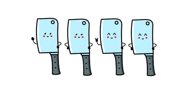 Lindo y divertido personaje de cuchillo de chef de cocina con pregunta e idea. Icono de ilustración de personaje de dibujos animados de línea plana vectorial. Aislado sobre fondo blanco. Personaje de dibujos animados de cuchillo de cocina chef