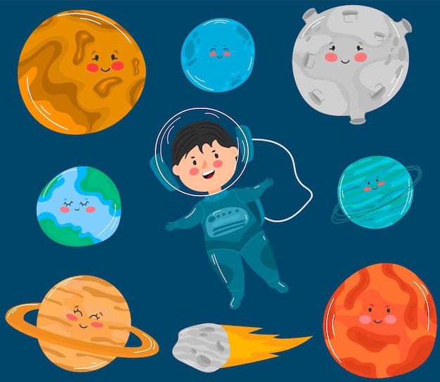 Lindo y divertido planeta riendo y sonriendo lindo astronauta de dibujos animados afiche vectorial con los planetas y estrellas del sistema solar en diseño plano lindo objeto espacial para la moda del bebé