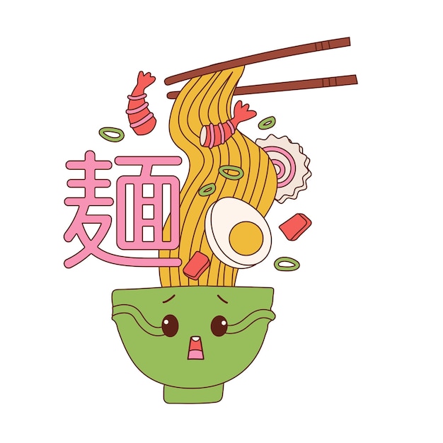 Lindo divertido ramen bowl personaje dibujos animados kawaii personaje mascota con cara sorprendida vector mano dibujar