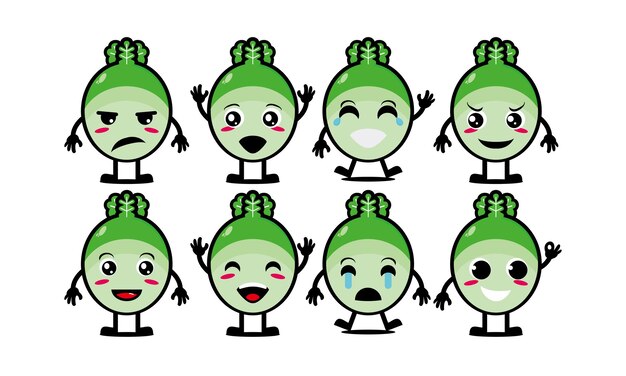 Lindo y divertido repollo divertido conjunto de colección de verduras Vector personaje de dibujos animados plana cara mascota
