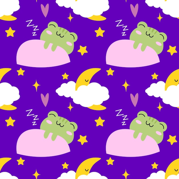 Lindo divertido verde durmiendo rana de patrones sin fisuras Vector dibujado a mano dibujos animados kawaii carácter ilustración pegatinas diseño conjunto Divertidos dibujos animados sapo rana mascota carácter de patrones sin fisuras concepto EPS