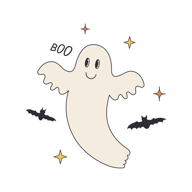 Lindo, divertido, vintage, fantasma de Halloween, estilo retro, años 60, 70, personaje de abucheo infantil espeluznante para niños.
