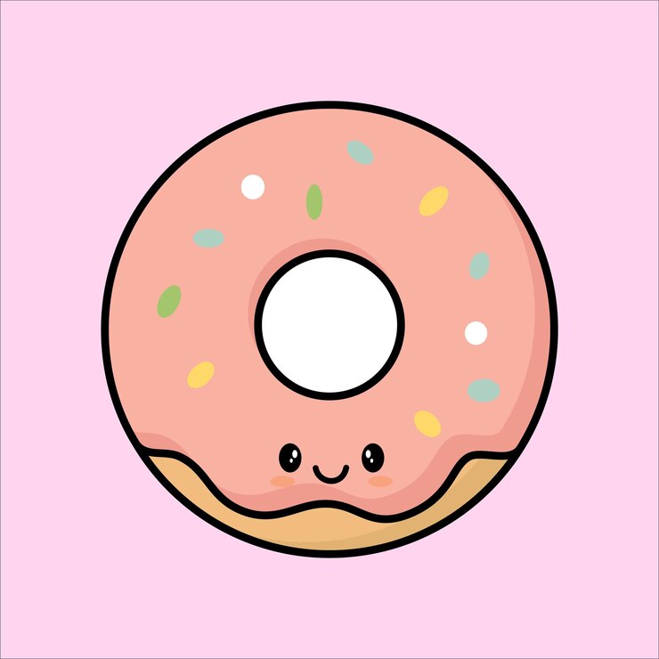 Un lindo donut de dibujos animados con glaseado rosado y salpicaduras