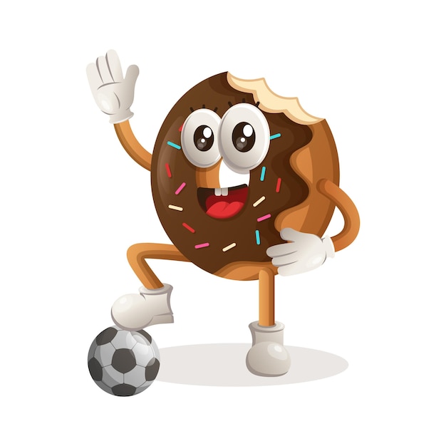 Lindo donut mascota jugar fútbol balón de fútbol