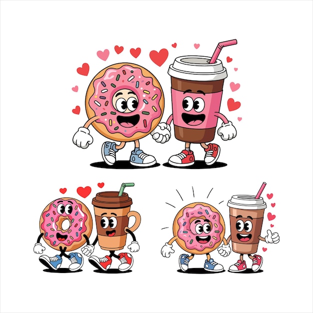 Lindo donut y pareja de café enamorados ilustración de dibujos animados