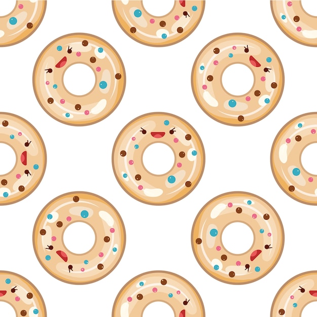 Lindo donut de patrones sin fisuras Ilustración vectorial Concepto de icono de comida Estilo de dibujos animados plano