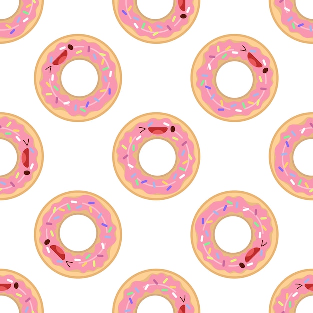 Lindo donut de patrones sin fisuras Ilustración vectorial Concepto de icono de comida Estilo de dibujos animados plano