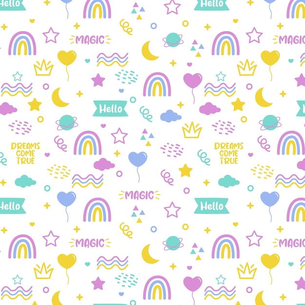 Vector lindo doodle arco iris estrella luna corazón nube estrella de patrones sin fisuras color pastel diseño ilustración