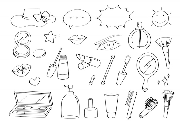 Vector lindo doodle belleza maquillaje y moda dibujos animados iconos y objetos.