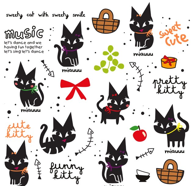 Lindo doodle conjunto de gato negro