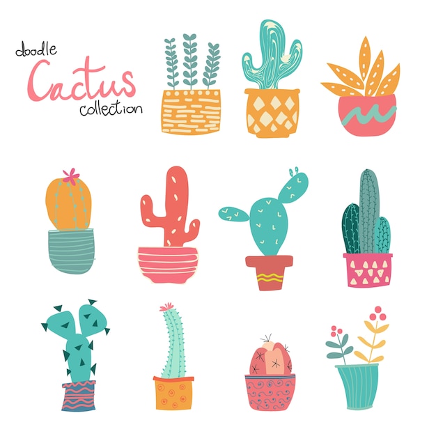 Vector lindo doodle dibujado a mano colección de cactus en colores pastel