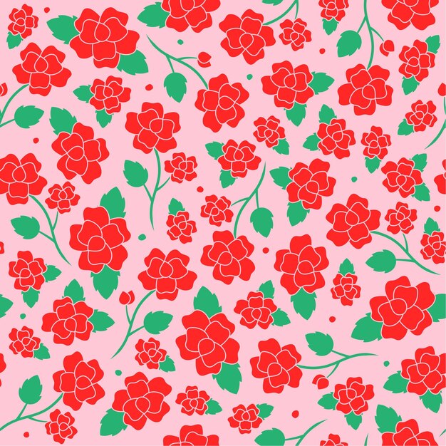 Lindo Doodle Elemento de flor de rosa roja con hojas Hoja floral Ditsy Dot Confeti Forma orgánica abstracta Dibujado a mano Dibujo a mano Color de dibujos animados Patrón sin costuras Fondo rosa