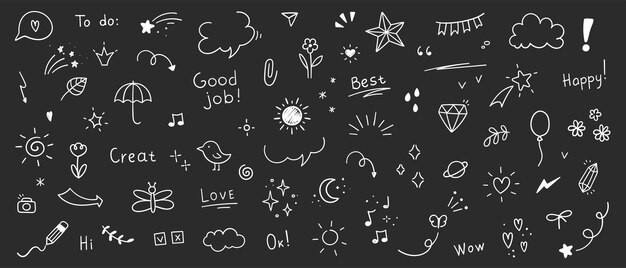 Lindo Doodle elementos de línea de pluma Corazón burbuja doodle flecha icono de estrella adornos brillantes conjunto de ilustración