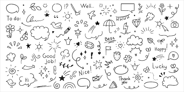 Lindo Doodle elementos de línea de pluma Corazón burbuja doodle