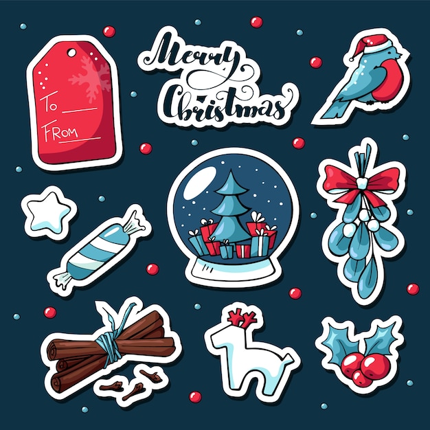 Vector lindo doodle pegatinas de navidad en estilo de dibujos animados