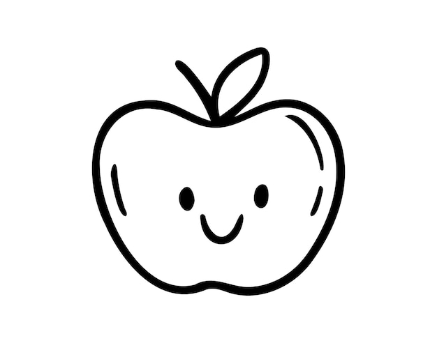Lindo doodle de personaje de manzana estilo dibujado a mano con sonrisa dibujo de contorno de manzana simple aislado sobre fondo blanco