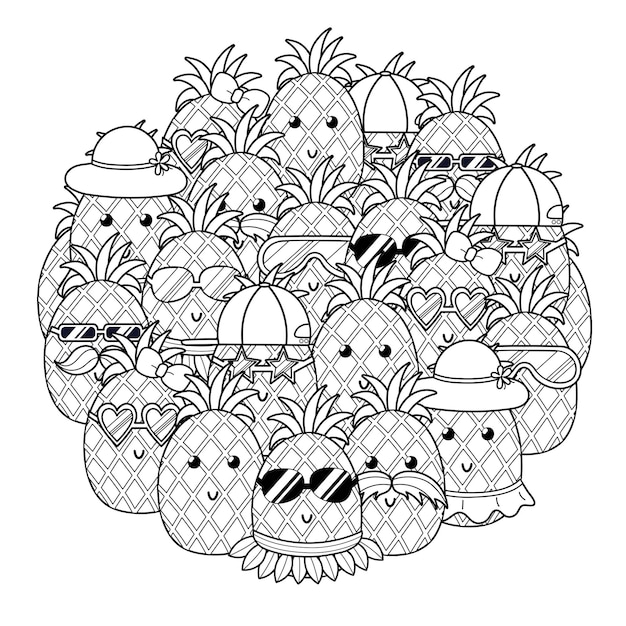 Lindo doodle piñas círculo forma página para colorear doodle mandala blanco y negro