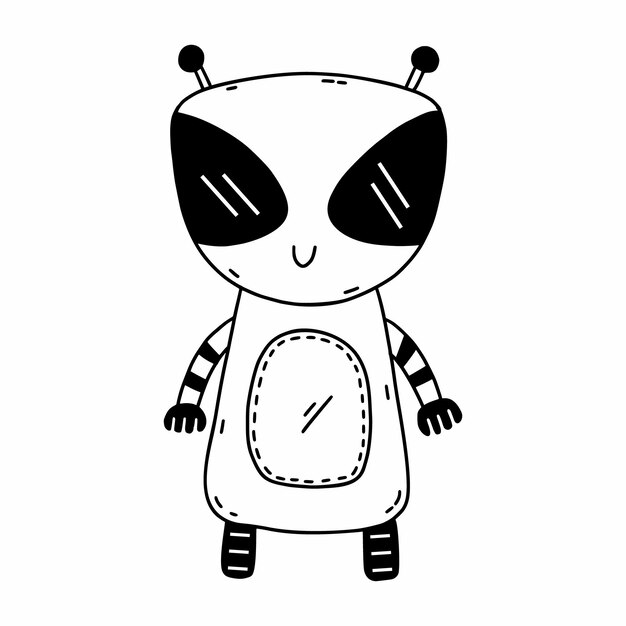 Lindo doodle robot Ilustración de contorno Personaje de dibujos animados Criatura alienígena