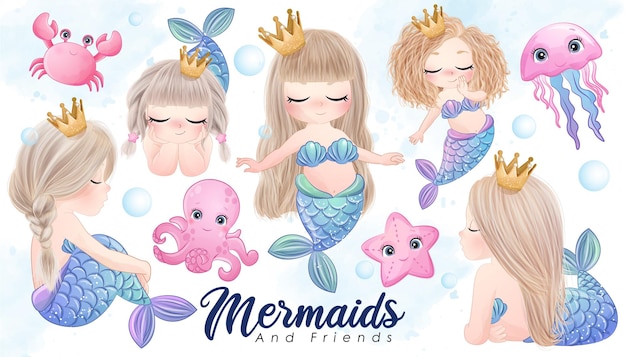 Lindo doodle sirena y amigos con conjunto de ilustración acuarela