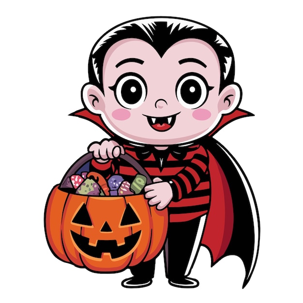 Lindo Drácula sosteniendo una canasta de calabazas con caramelos e ilustración vectorial al estilo de dibujos animados de murciélago