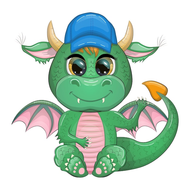 Lindo dragón bebé verde de dibujos animados con un anillo de natación con sombrero de verano Símbolo de 2024 según el calendario chino