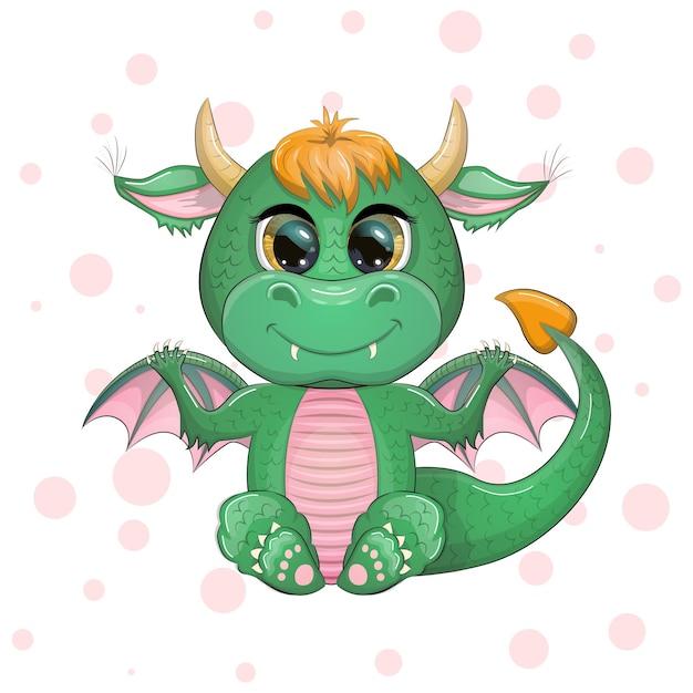Lindo dragón bebé verde de dibujos animados con cuernos y alas Símbolo de 2024 según el calendario chino Divertido reptil monstruo mítico