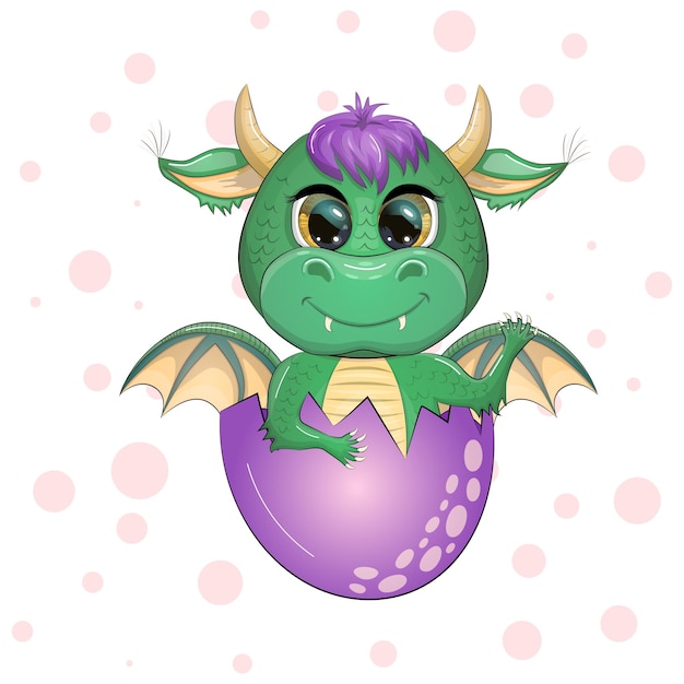 Lindo dragón bebé verde de dibujos animados con cuernos y alas Símbolo de 2024 según el calendario chino Divertido reptil monstruo mítico