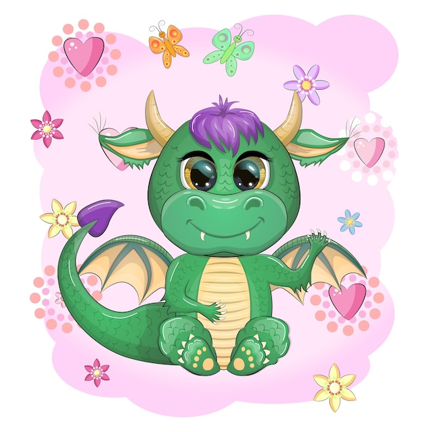 Lindo dragón bebé verde de dibujos animados con cuernos y alas Símbolo de 2024 según el calendario chino Divertido reptil monstruo mítico