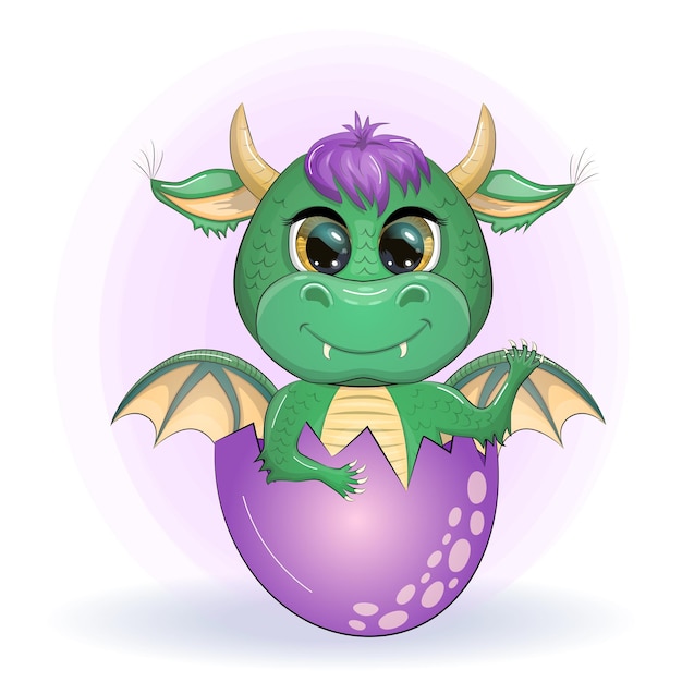 Lindo dragón bebé verde de dibujos animados con cuernos y alas Símbolo de 2024 según el calendario chino Divertido reptil monstruo mítico