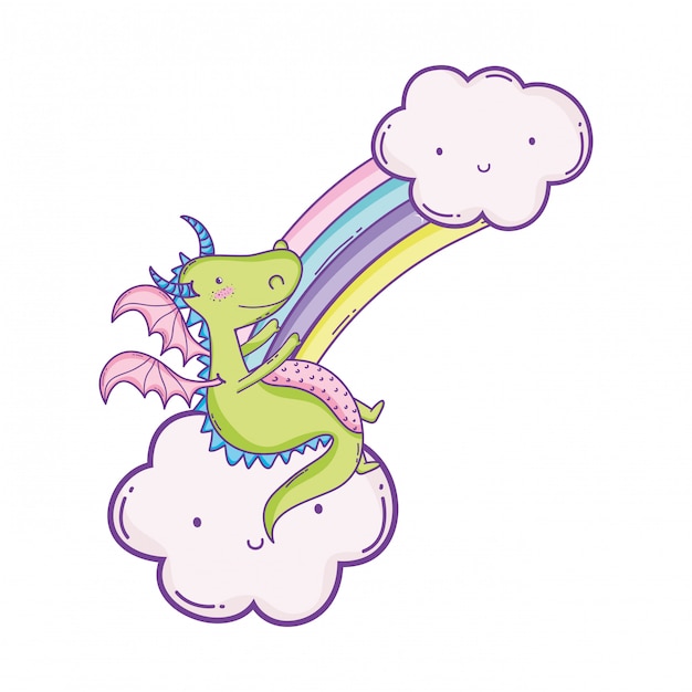 Lindo dragón en nubes dibujos animados