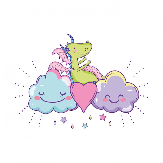 Lindo dragón en nubes dibujos animados