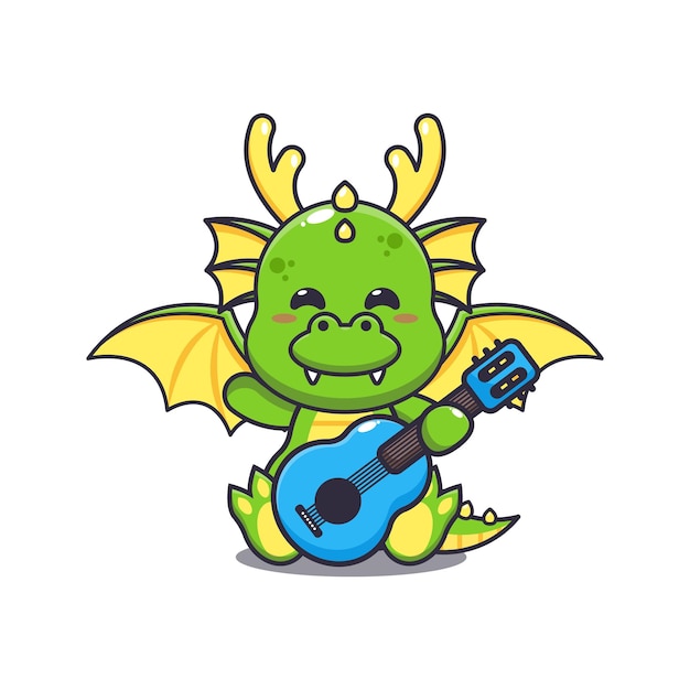 Lindo dragón tocando la ilustración de vector de dibujos animados de guitarra.