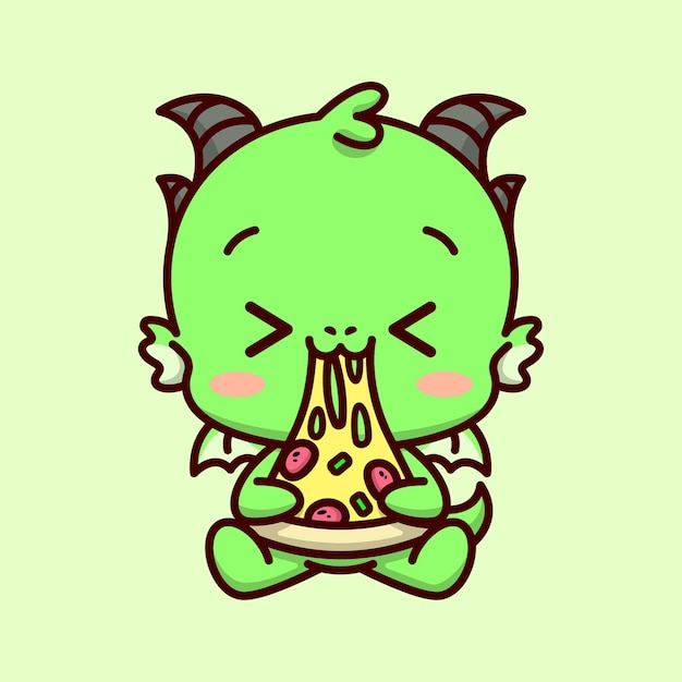 El lindo dragón verde está comiendo una rebanada de pizza