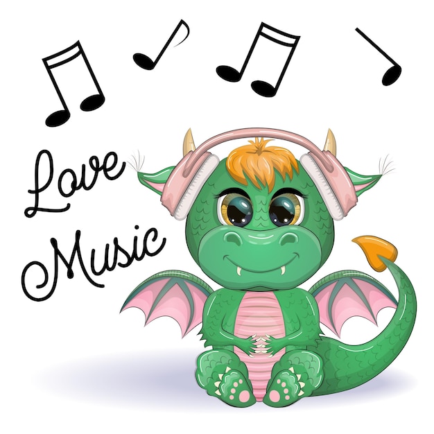 Un lindo dragón verde de dibujos animados con auriculares escucha música Símbolo de 2024 según el calendario chino