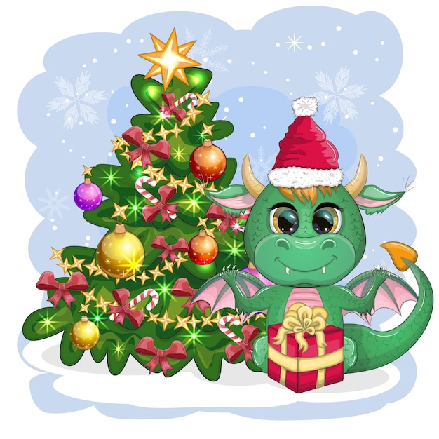 Un lindo dragón verde de dibujos animados con un gorro de Papá Noel sostiene un regalo rojo y se sienta junto al árbol de Navidad Calendario chino de año nuevo 2024