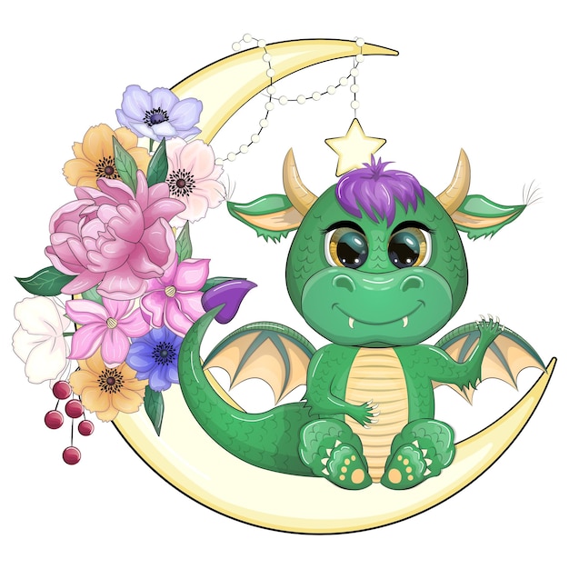 Un lindo dragón verde de dibujos animados se sienta en la luna Calendario chino del año 2024