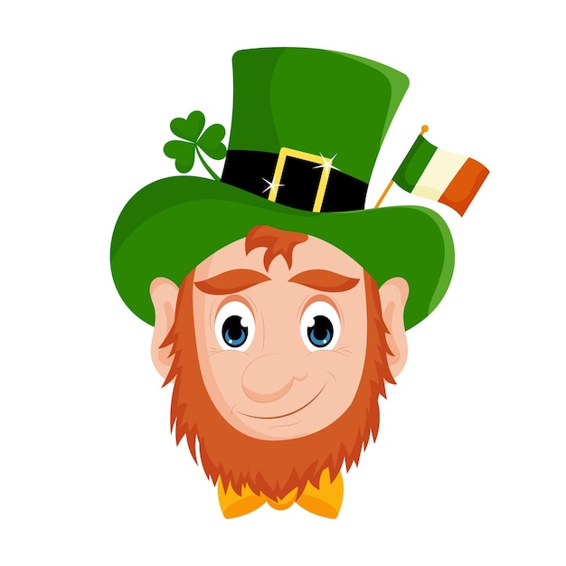 Un lindo duende de dibujos animados con un sombrero verde con la bandera de irlanda y un trébol una ilustración para el día de san patricio ilustración vectorial aislada en un fondo blanco