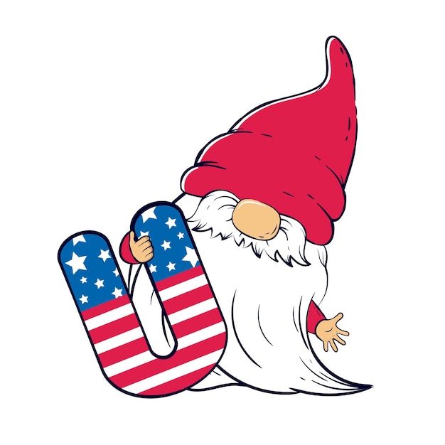 Lindo duende patriótico sosteniendo la letra U pintada en bandera americana