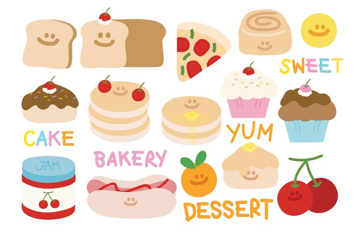 Lindo dulce cupcake panqueque pizza hotdog naranja cereza canela rollo mermelada y pan dibujo