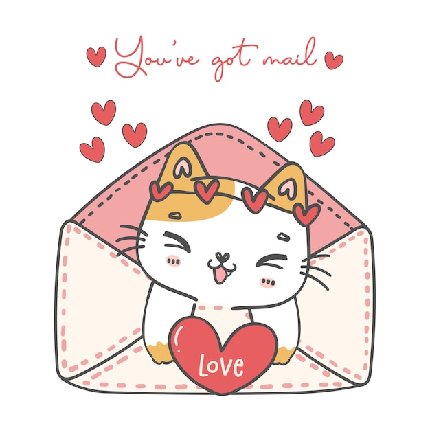 Lindo dulce valentine calico gatito gato enamorado sobre con corazón rojo dibujos animados animal garabato mano dibujo ilustración vector