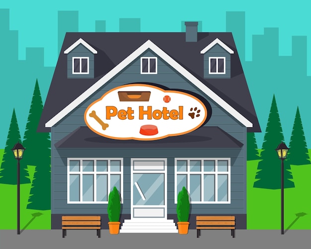 Lindo edificio de dibujos animados de Pet Hotel para perros y gatos Vector ilustración plana