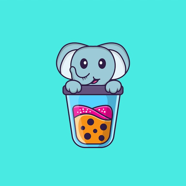 Lindo elefante bebiendo té con leche boba concepto de dibujos animados de animales aislado