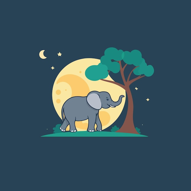 Vector un lindo elefante está caminando por el bosque por la noche la luna está brillando brillantemente creando una belleza