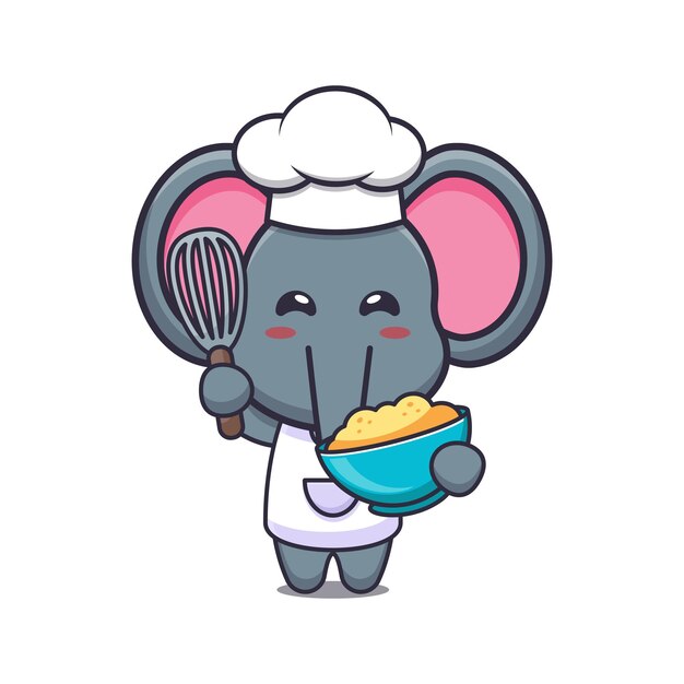 Lindo elefante chef mascota personaje de dibujos animados con masa de pastel